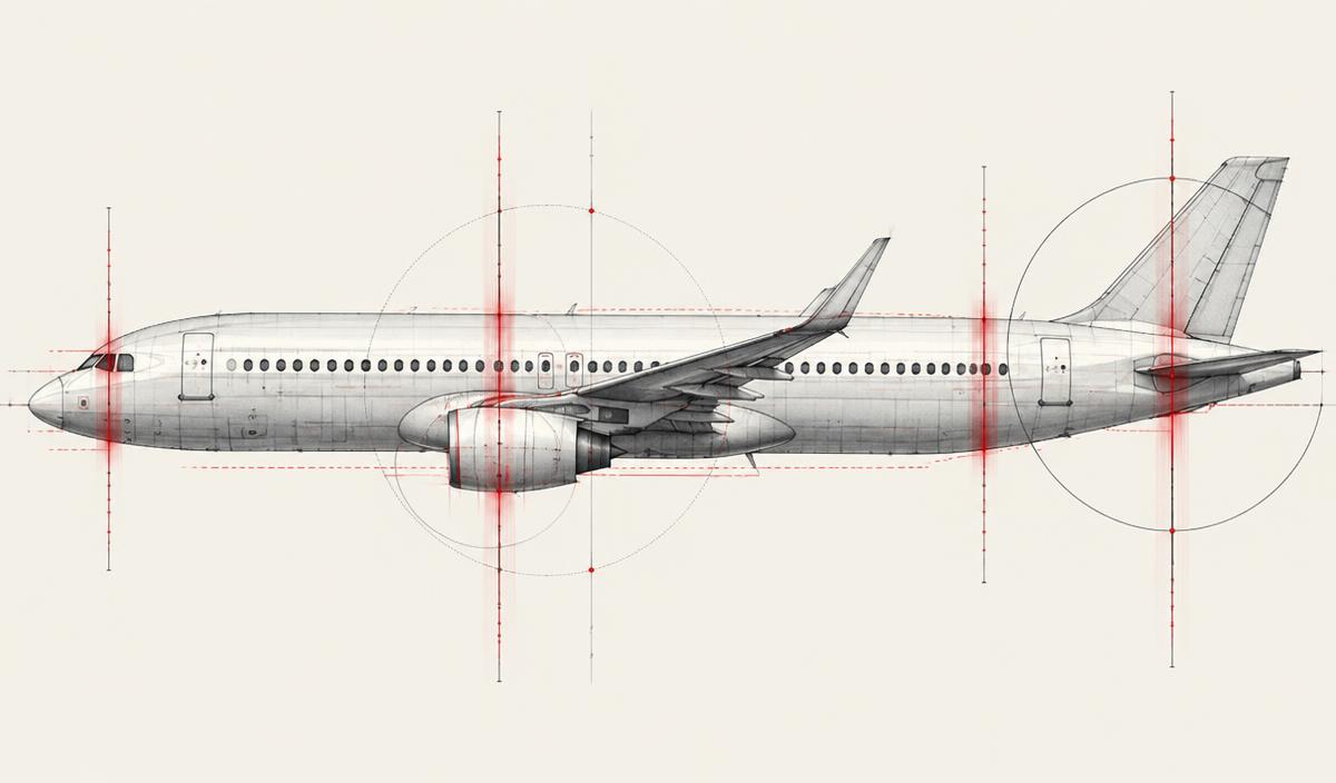 Technical illustration of an aircraft inspection scan
