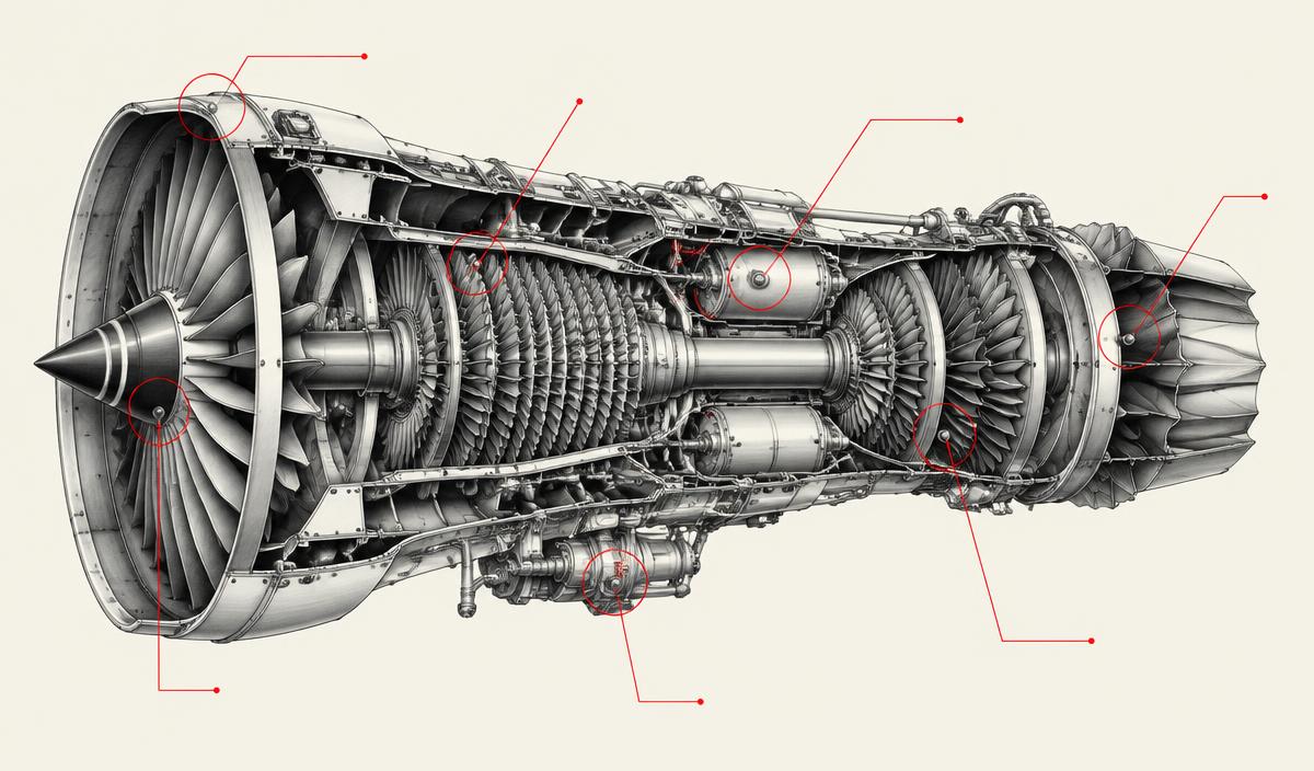 Technical illustration of a turbine with inspection points