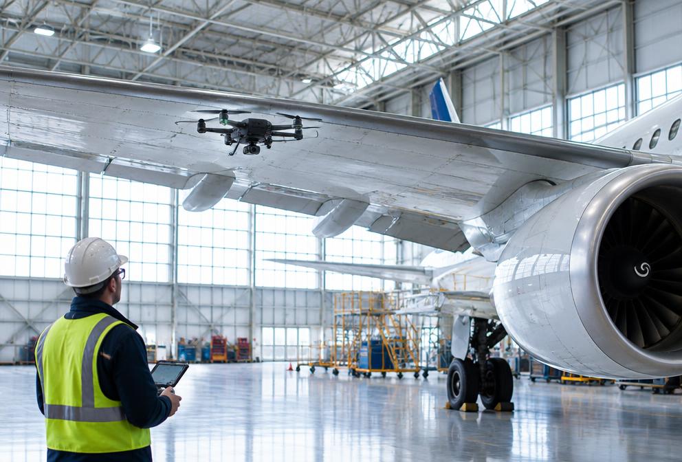 Inspection drone examining an aircraft wing