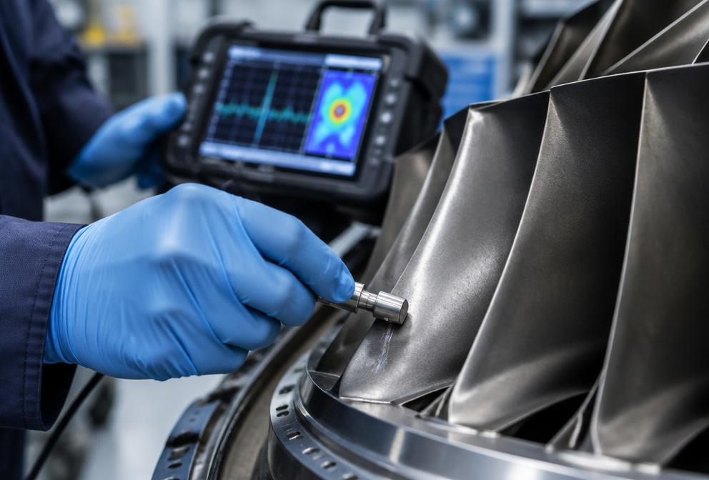 Eddy current probe inspecting a turbine blade