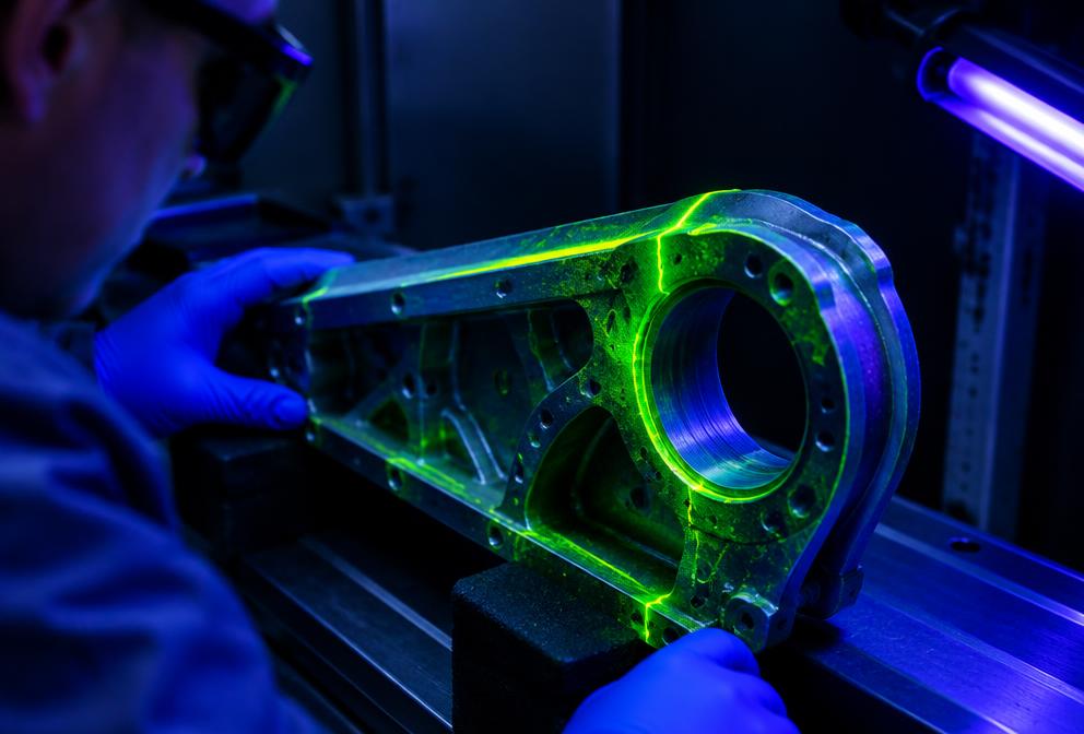 Fluorescent penetrant inspection under ultraviolet light