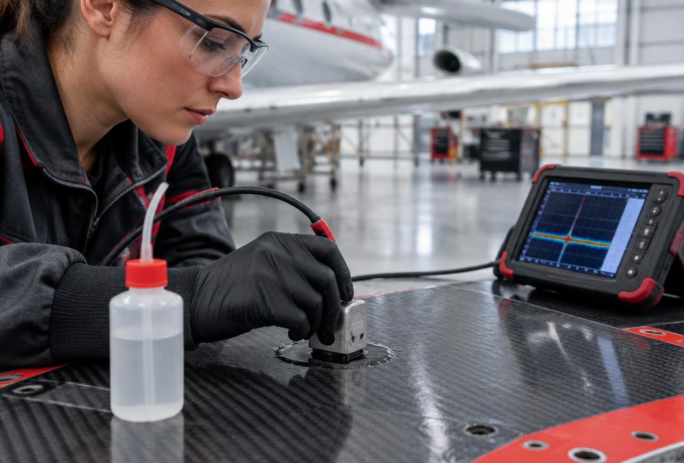 Ultrasonic testing of a composite aircraft panel